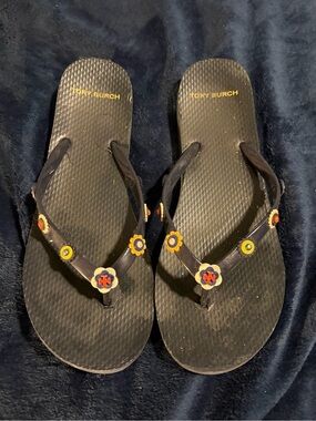 Tory Burch Black Flip Flops with Multicolor Floral Charms